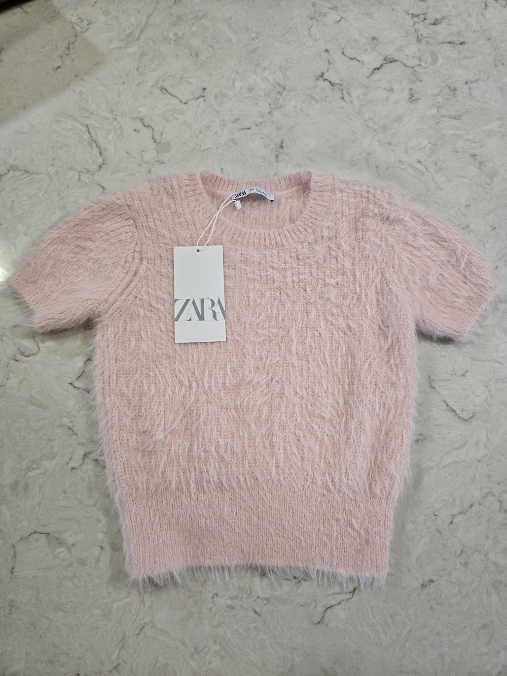 Zara Fuzzy Short-Sleeve Crew Sweater in Blush Pink S